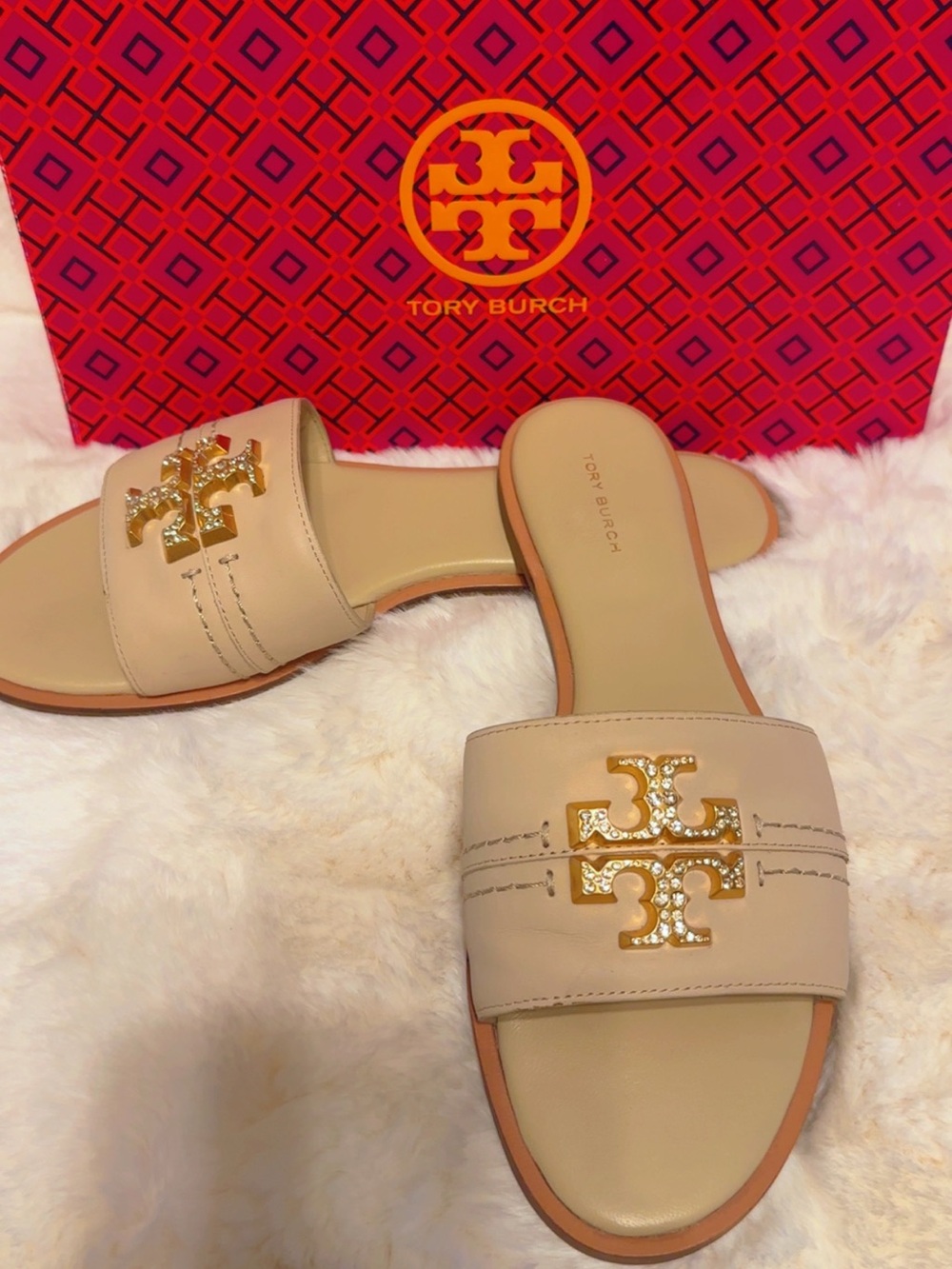 Tory Burch Nude/Beige Miller Crystal Logo Slide Sandals